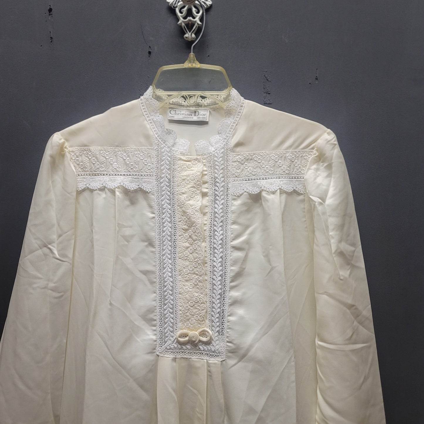 Christian Dior Vintage Cream Lace Trim Long Nightgown Robe Retro Coquette Small