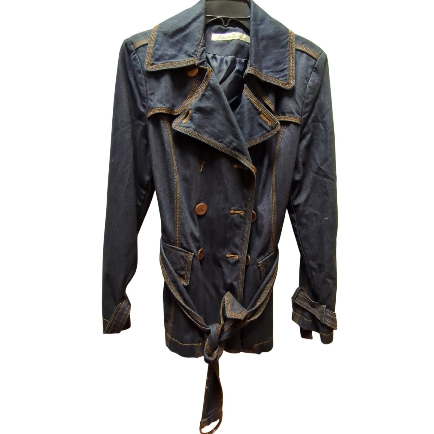 Vintage Kenneth Cole Denim Short Trench Coat Belt Wide Lapel Y2K Indie 90s Boho