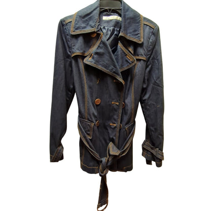 Vintage Kenneth Cole Denim Short Trench Coat Belt Wide Lapel Y2K Indie 90s Boho