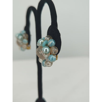 Vintage Japan Blue Peach Beaded Cluster Clip On Statement Earrings Faux Pearl