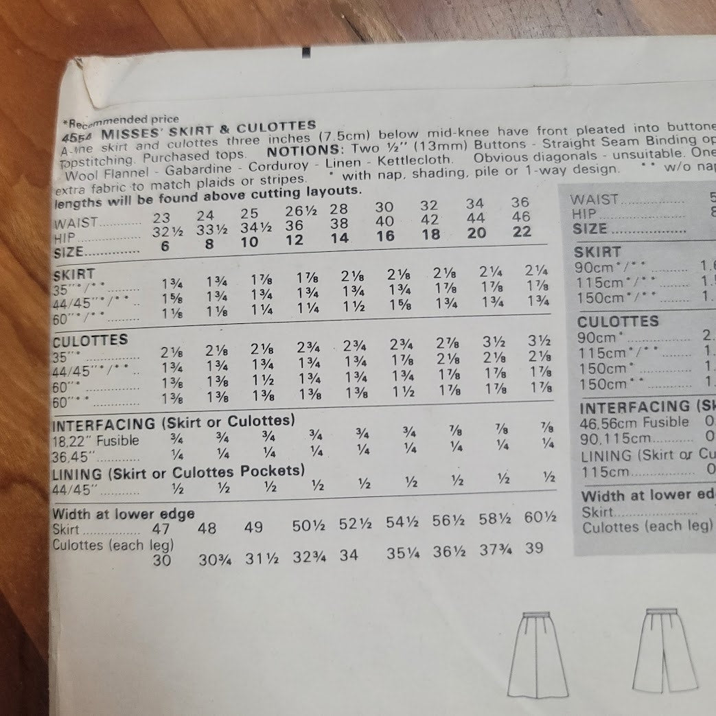 Butterick 4554 Misses MULTISIZE Skirt Culottes Vintage Sewing Pattern Unused 60s