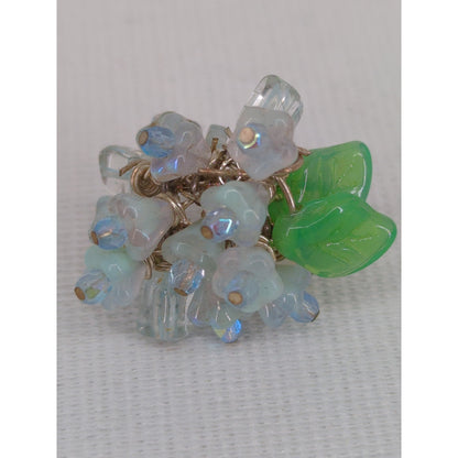 Vintage Iridescent Beaded & Green Leaf Cluster Size 7 adjustable Cluster ring