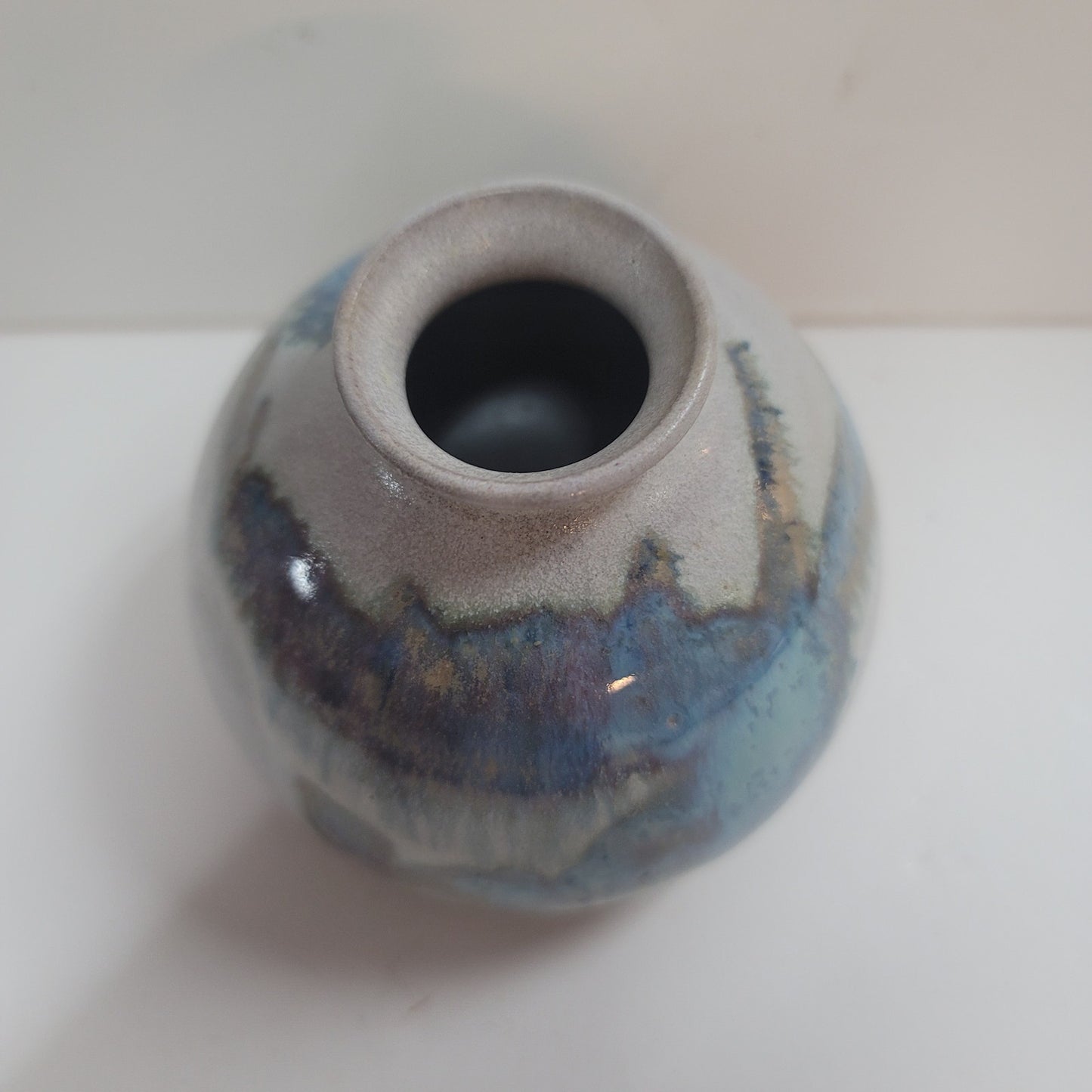 Round spherical vase art pottery small signed RY 1984 blue cream earthtones