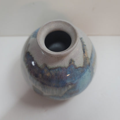 Round spherical vase art pottery small signed RY 1984 blue cream earthtones