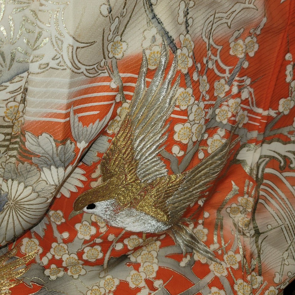 Vintage Silk Furisode (long sleeve) Kimono Robe Orange Gold Silver Embroidery