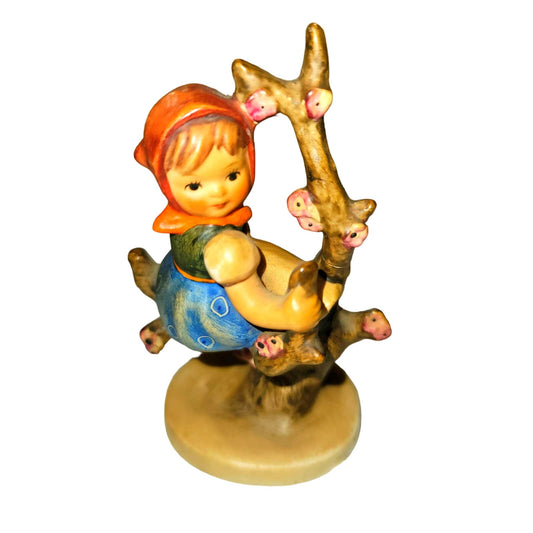 Goebel Hummel Girl on a Apple tree branch swing blue skirt orange handkerchief