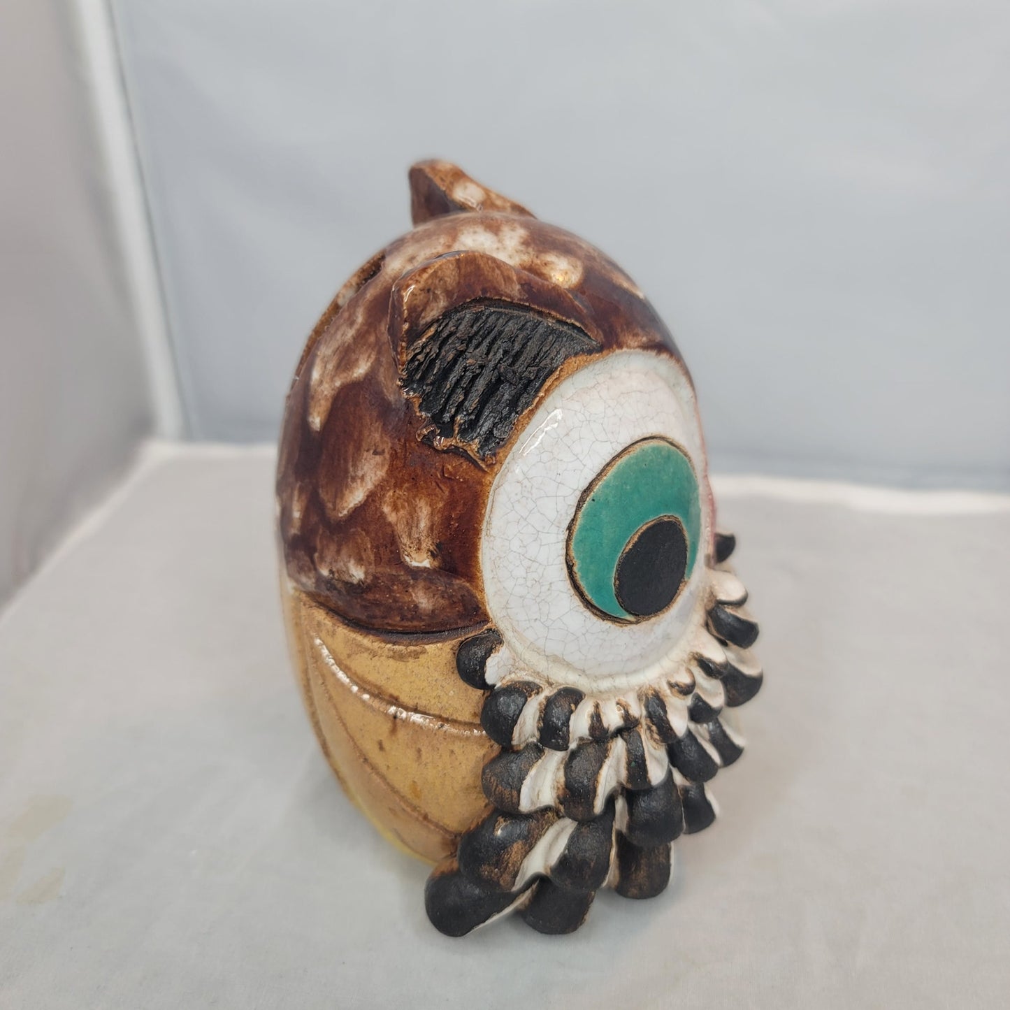 Handmade pottery owl bank big eyes textured cork bottom