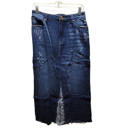 INC Int. Concepts Front-Slit Denim Maxi Skirt Dk Indigo Frayed 12 Distressed NEW