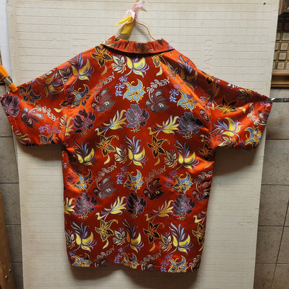 ODO Heavily embroidered silken feel mens shirt red floral Large short sleeve