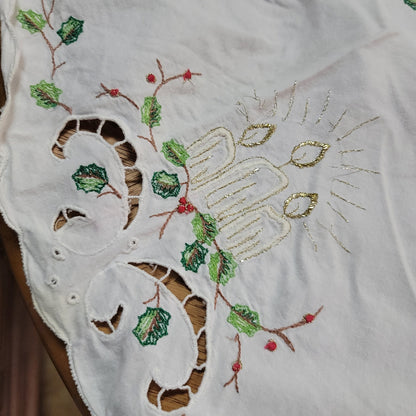 Christmas Table linen tableclotth 32" Runner 48" Holly Candles Holiday Vintage
