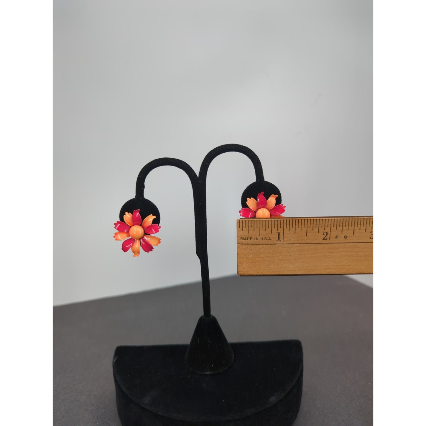 Vintage Orange & Persimmon Enameled Tiered Floral Clip On SunburstEarrings