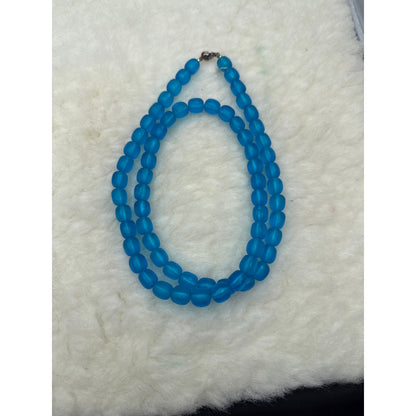 Vintage Blue Satin Glass Bead Choker Necklace 15 Inches Retro Glamour Classic