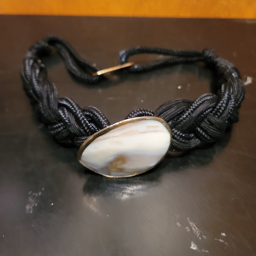 Vintage Black Rope Braided Belt Rope Knot Pearlescent shell Stone Small/Medium