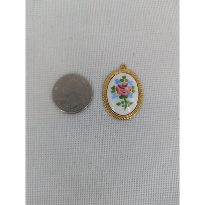 Vintage Hand Painted Floral Pendant Gold Tone Frame Oval Rose Medallion