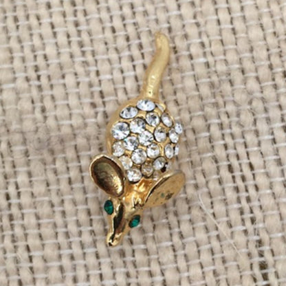 Cat and Mouse moving tail Pins Tie tacks Faux gold crystal and emerald chips