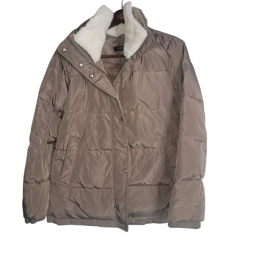 Lauren Ralph MEDIUM Mushroom Puffer Coat Jacket faux fur collar Hooded Full Zip