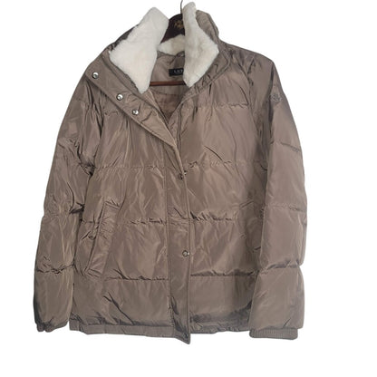 Lauren Ralph MEDIUM Mushroom Puffer Coat Jacket faux fur collar Hooded Full Zip