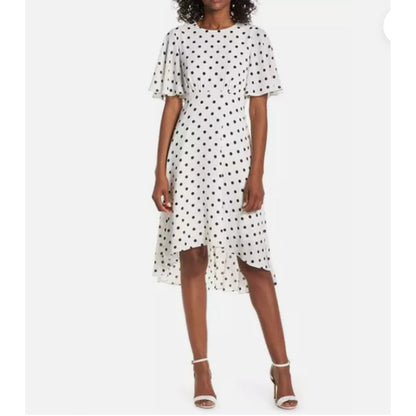 Eliza J NEW White Navy Polka Dot Crepe Dress 10 High Low Fit Flare NEW Cocktail