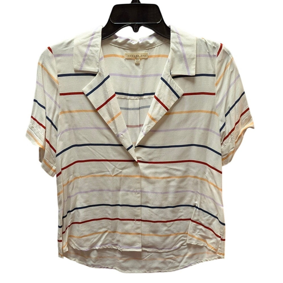 Copper Key Striped Camp Collar Blouse Women XS Ivory Multicolor Short Sleeve Top