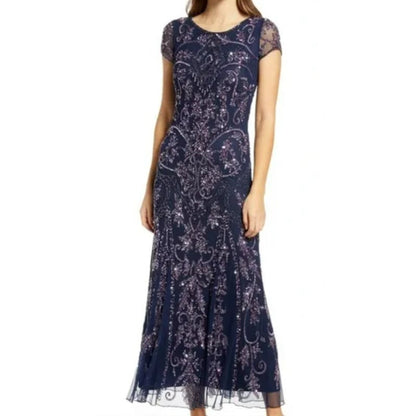 NWT Pisarro Nights Art Deco Beaded Mesh Cocktail Dress Size 8 in Carbon