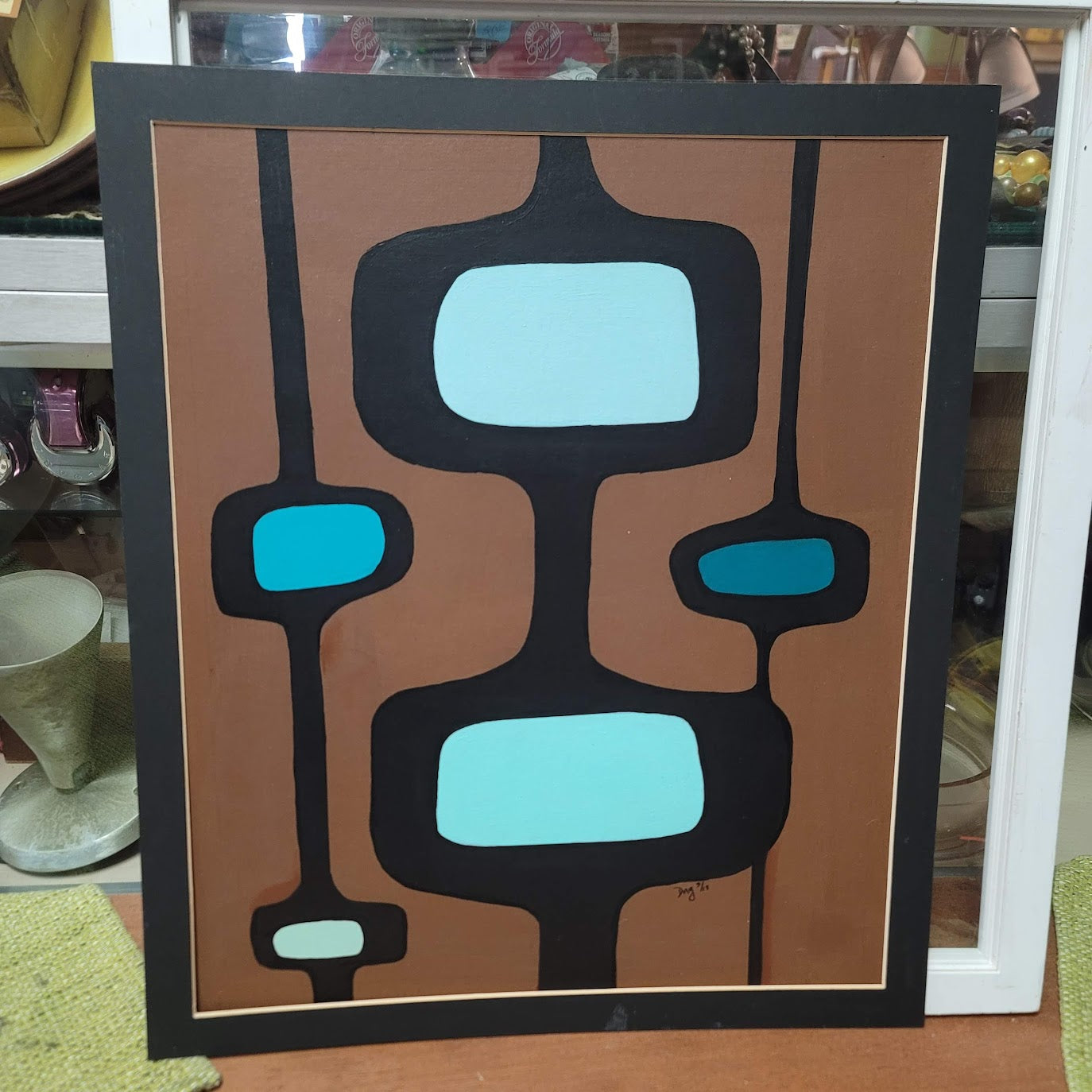 MCM Geometric Art Work Black Brown teal framed Original Signed Grieswich 20"x17"