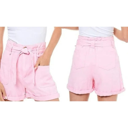NWT Elodie High Waist Paperbag Shorts with Tie Belt 100% Cotton in Pink Sz Large