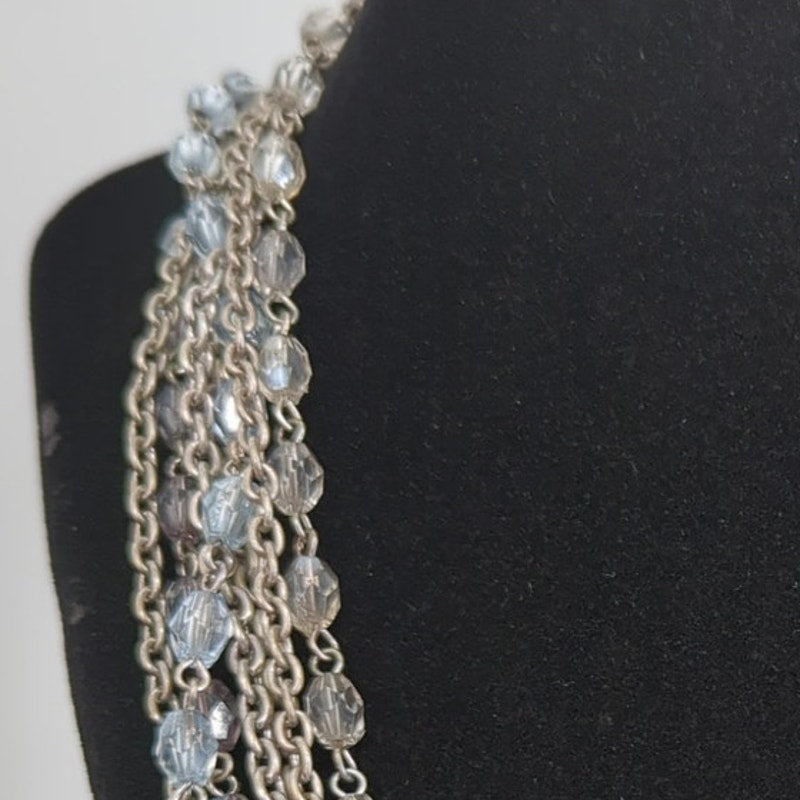 LOFT Silver Multi Strand Necklace Blue Beaded Layered Chain Waterfall Choker 14"