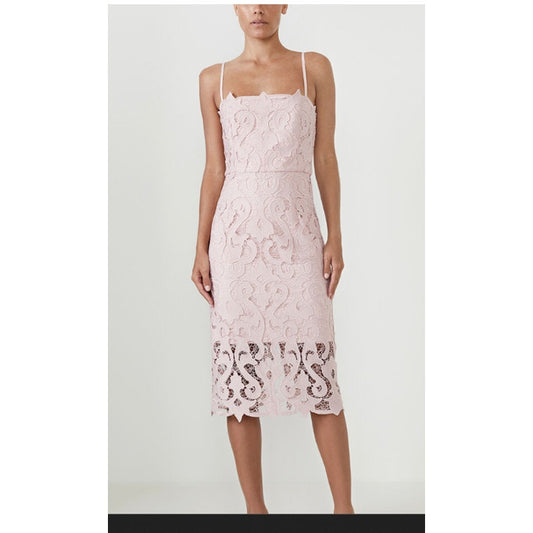 Bardot LINA PINK ROSE Lace Dress Size 12 LACE thin straps midi wedding NEW