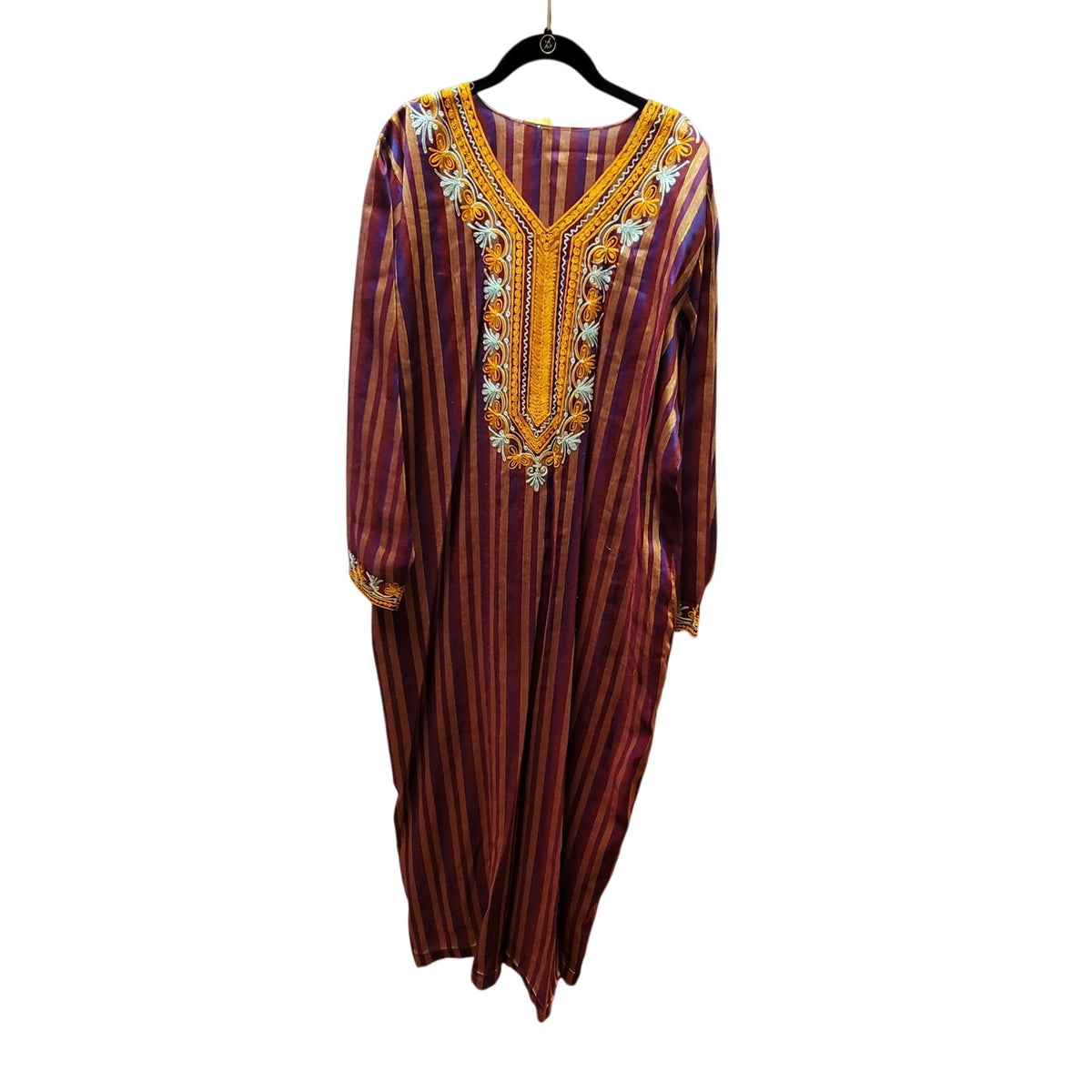 Vintage Embroidered Striped Caftan Maxi Dress with Gold Lurex One Size