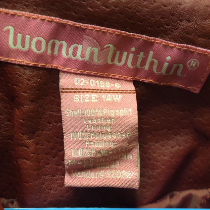 Vintage Woman Within Red Leather Button Front Mid Length Trench Coat Jacket 14W