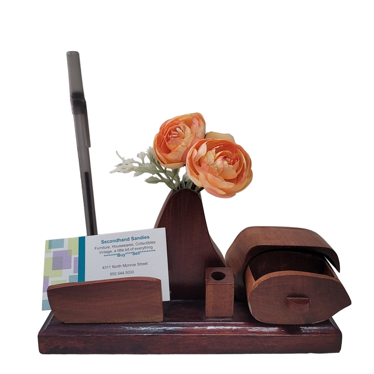 Vintage Handmade MCM teak Wood Desk Organizer Pen business card Pin Holder