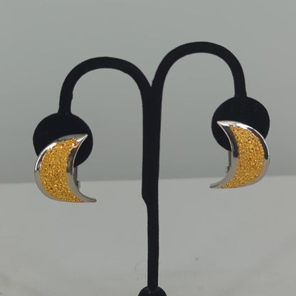 Vintage 90s Two Tone Gold Glitter Crescent Moon Clip On Statement Earrings