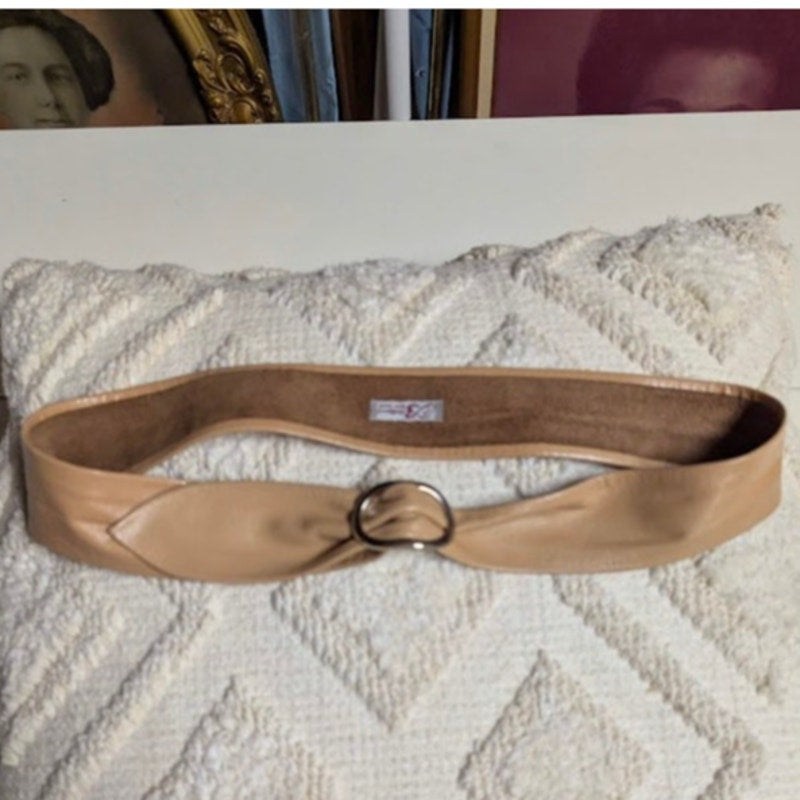 Vintage Ed Barry NewYork Tan Leather Adjustable Belt Silver buckle small 38" max