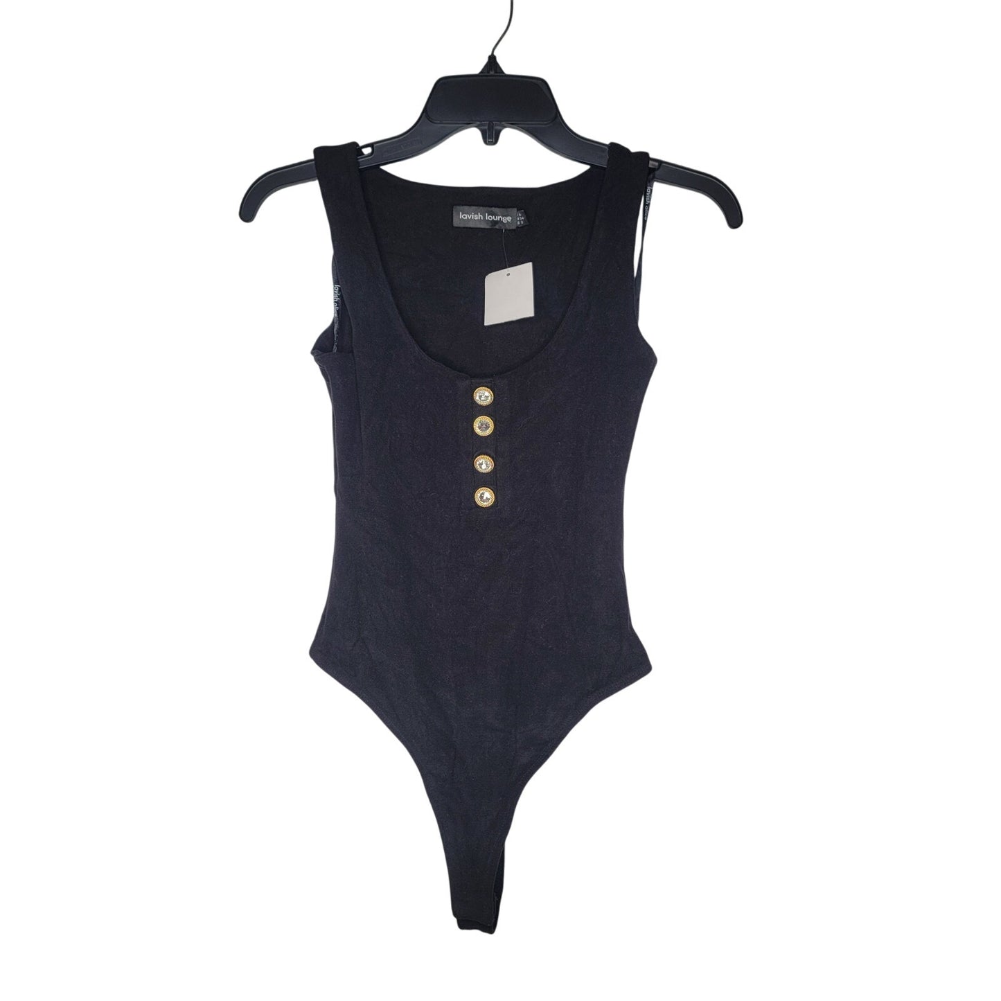 NEW lavish Alice lounge black bodysuit gold rhinestone buttons Sleeveless Size 2