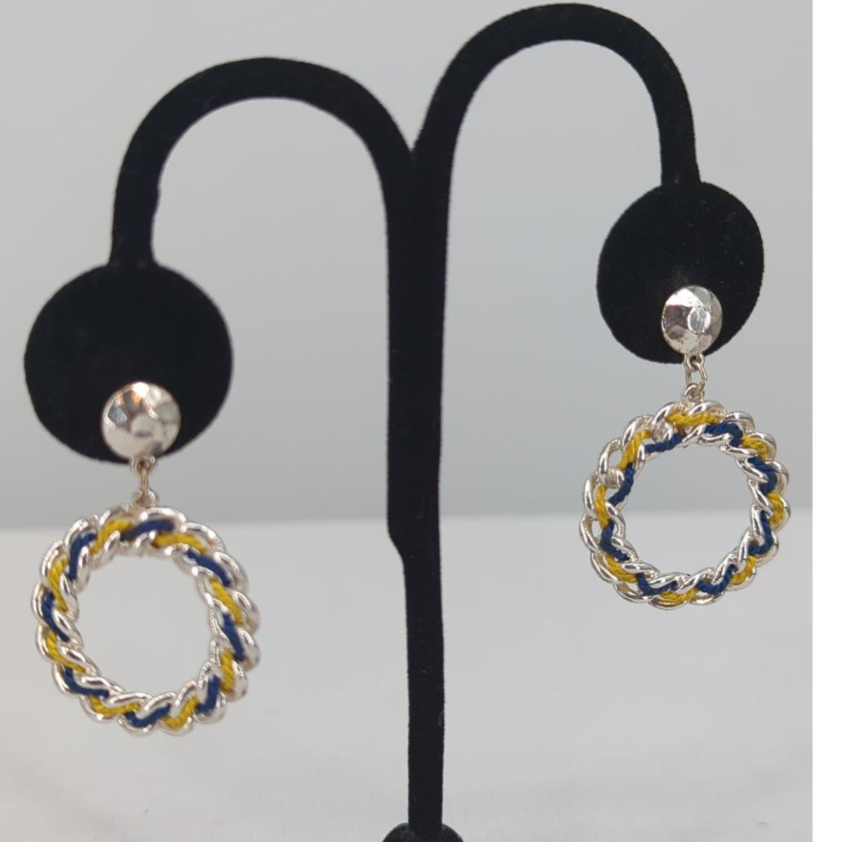 Vintage Silver Tone Blue Yellow Braided Hoop Dangle Earrings