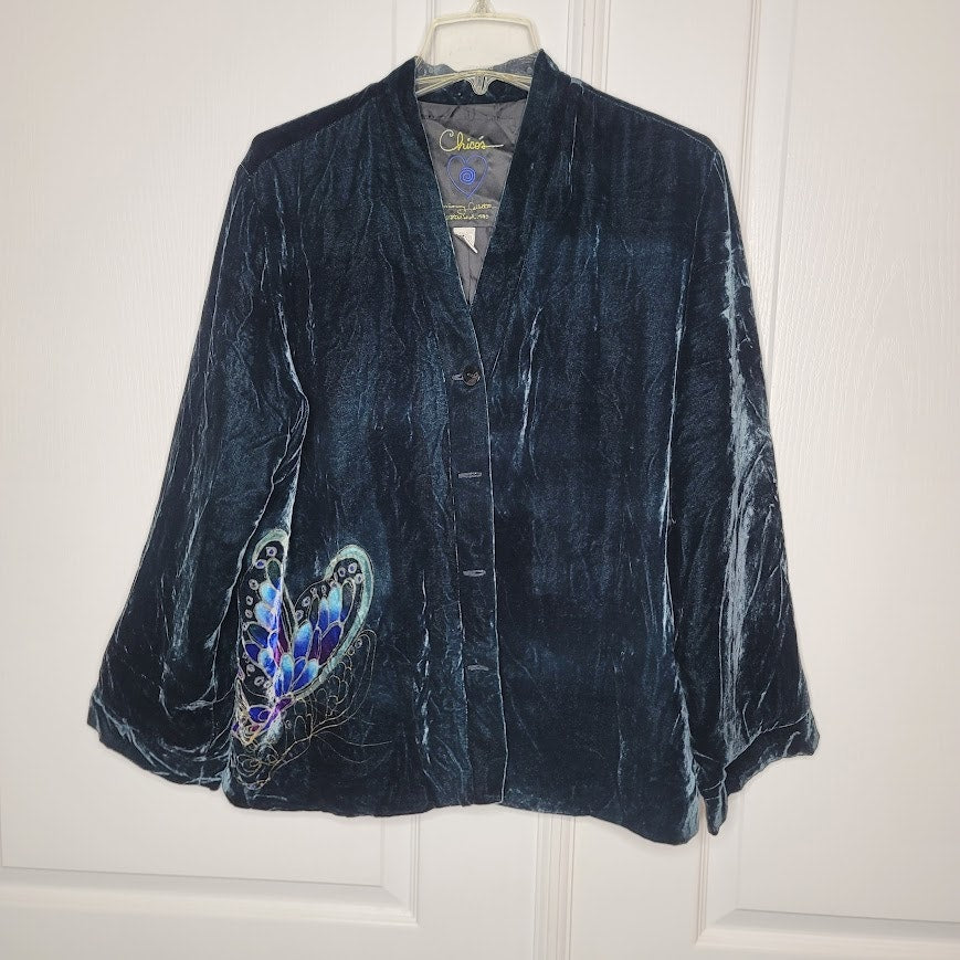 Vintage Chicos BOHO Emerald Green Butterfly Velvet Button Front Jacket 2 LARGE