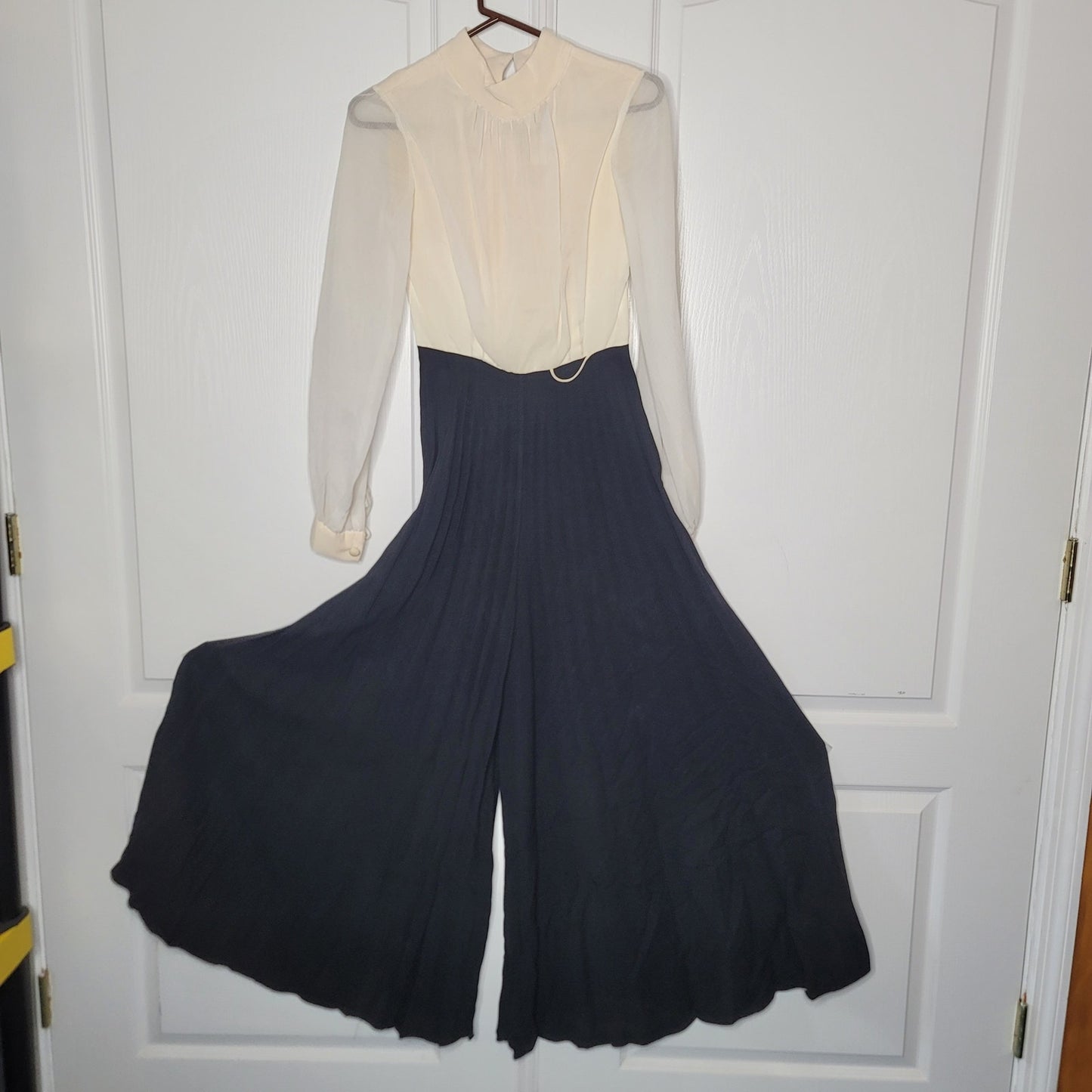 Vintage Poly Chiffon Jumpsuit Cream Black Small/XS 1960's Cocktail Pleated sheer