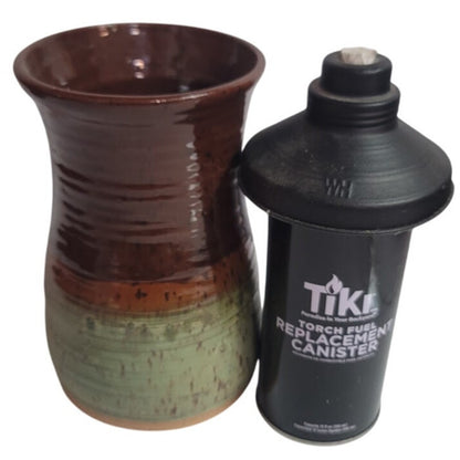 Art pottery Handmade tiki torch Clay Canister 7" holder Earthtones Signed JA