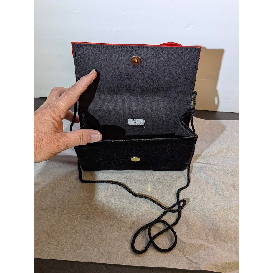 Vintage 80s Glam Black Velvet Clutch Bag Red Satin Rosette Ribbon Retro Evening
