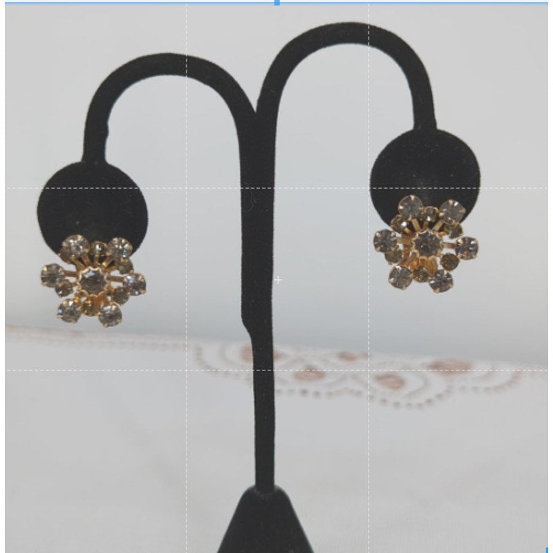 Vintage Gray Crystal Stone Rose Gold Tone Clip On Earrings Retro Glamour