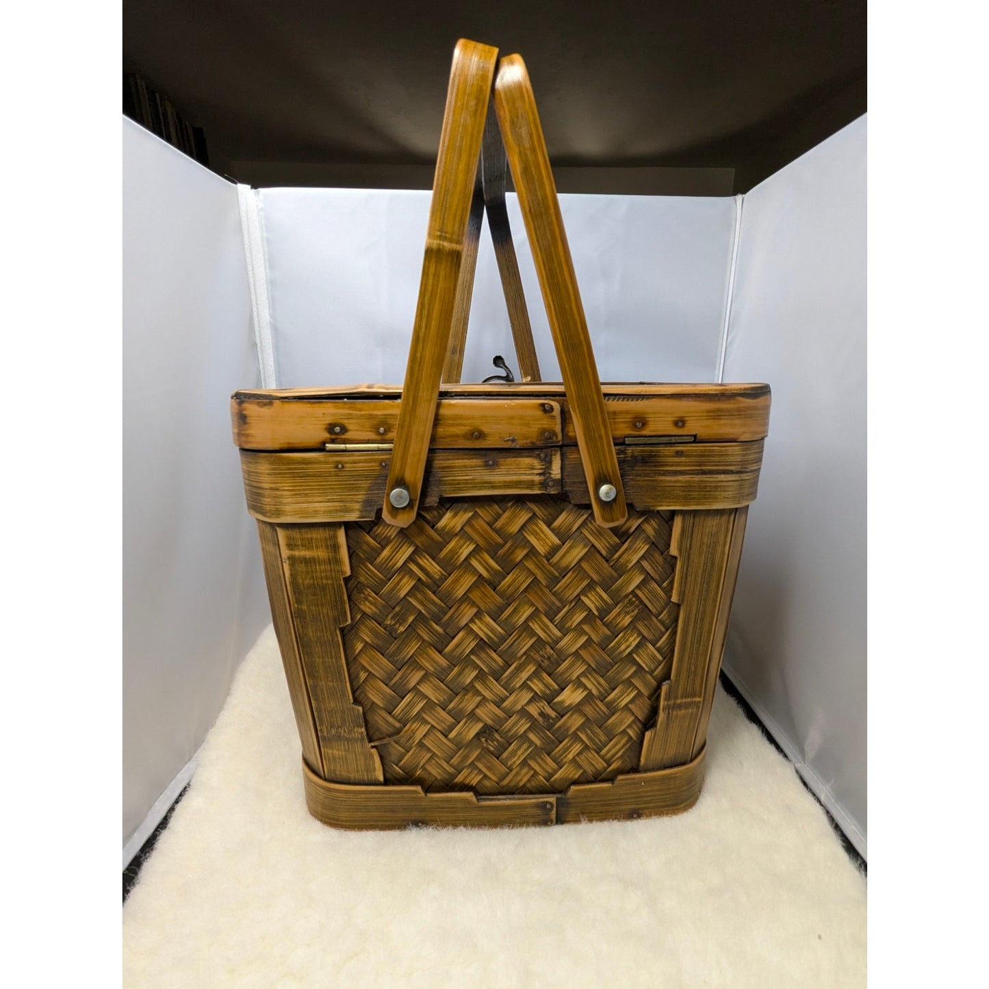 Vintage Bamboo Rattan Box Purse Top Handle Woven Sewing Basket Lunch Pail 70's