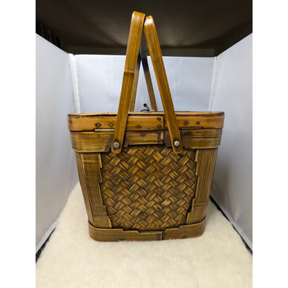 Vintage Bamboo Rattan Box Purse Top Handle Woven Sewing Basket Lunch Pail 70's