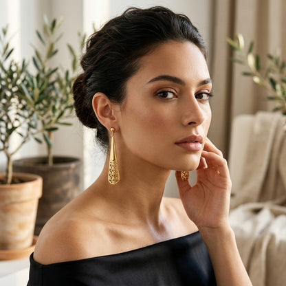 Vintage Gold Tone Filigree Teardrop Long Dangle Drop Post Earrings