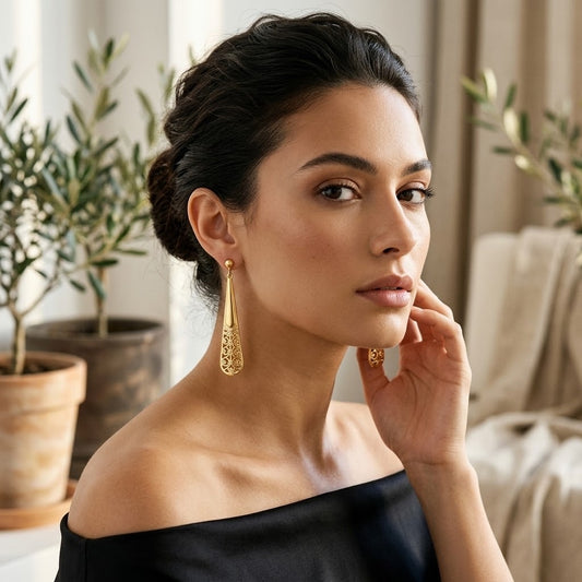 Vintage Gold Tone Filigree Teardrop Long Dangle Drop Post Earrings
