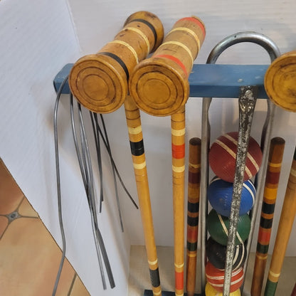Vintage Wooden Croquet Set with Blue Storage Stand Lawn Classic Game
