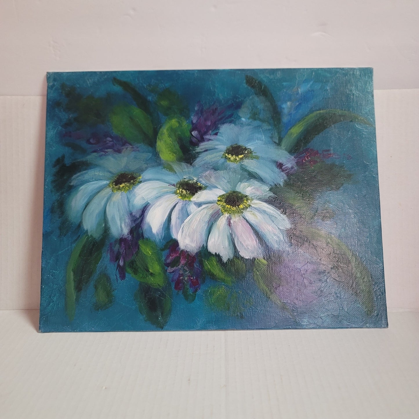 Painting Floral 14" x 11" Unframed Signed blue White Purple Daisies Daisy Board