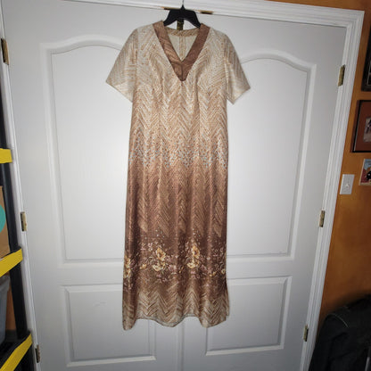 Vintage Handmade Brown Ombre Metallic Chevron Maxi Dress Extra Large XL 1970s