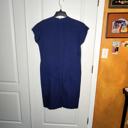 Vintage 80s linen Sheath dress Blue shoulder pads Large Pocket square cap sleeve