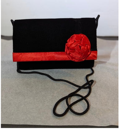 Vintage 80s Glam Black Velvet Clutch Bag Red Satin Rosette Ribbon Retro Evening