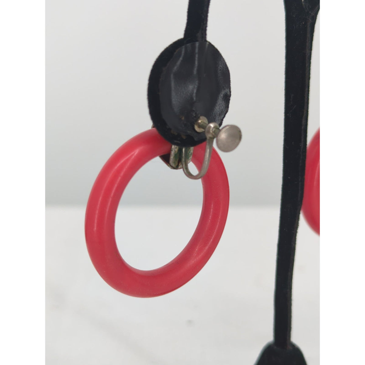 Vintage Bright Red Hoop Clip On Earrings Silver Tone Mid Century 1960s Mod